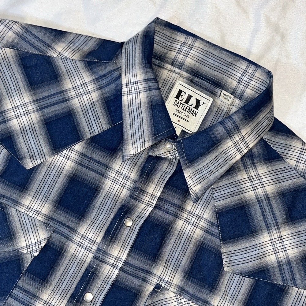 Ely Cattleman Shirt S/S Large Blue Plaid Western Pearl Snap Short Sleeve Cowboy